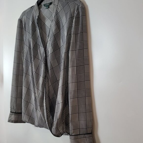 Lauren Ralph Lauren Womens Black & White Houndstooth Wrap Blouse Long Sleeve Siz - Picture 3 of 12